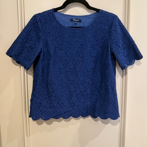 Madewell Navy Blue Lace Short Sleeve Blouse Top Scalloped Hem Size Small - Picture 4 of 16
